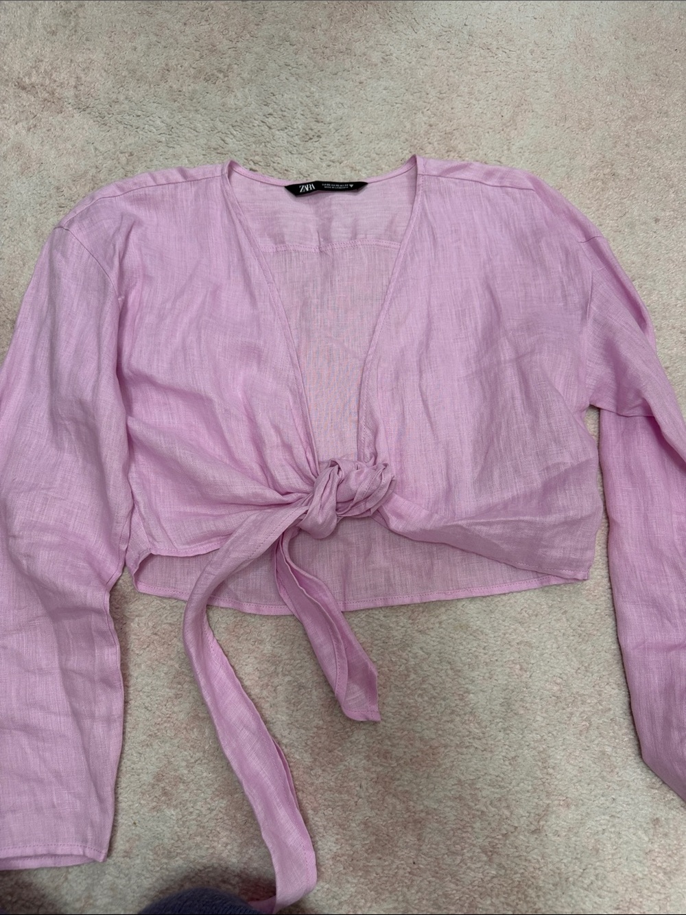 ZARA 100% Linen Light Pink Tie-Front Cropped Blouse
